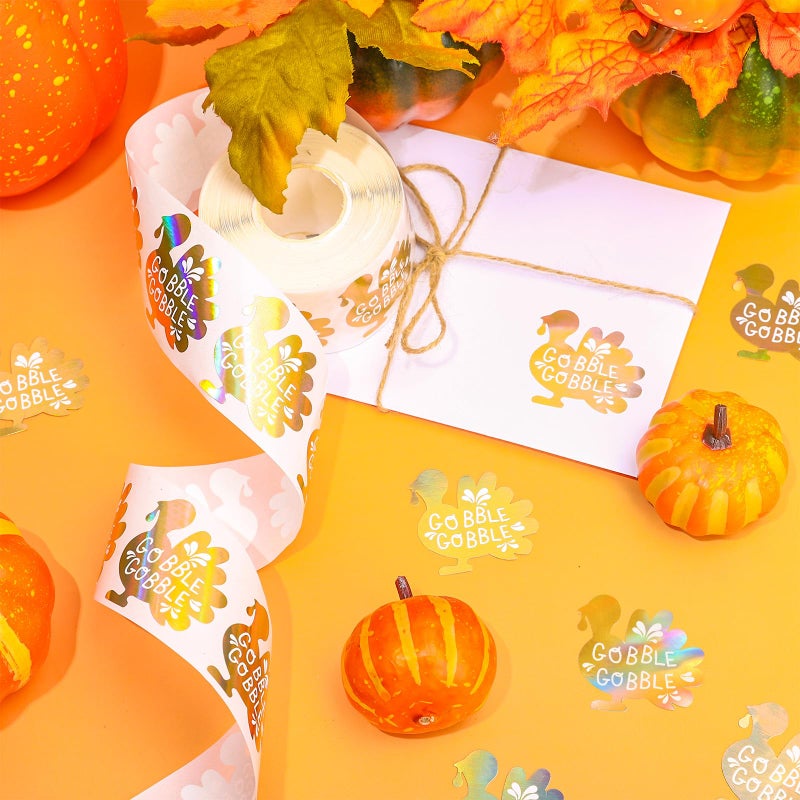 Whaline Fall Thanksgiving Turkey Stickers Roll Gold Foil Turkey Gobble Seal Stickers Waterproof Self-Adhesive Decals for Envelope Journal Decor Autumn Harvest, 500 Pcs - Image 3